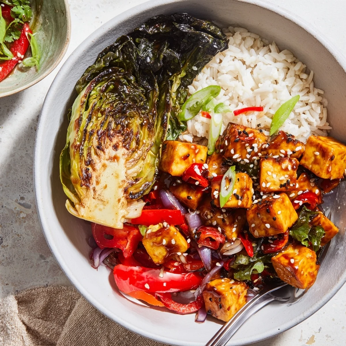 Spicy Black Pepper Tofu Veggie Bowl with Charred Cabbage, glossy tofu over rice