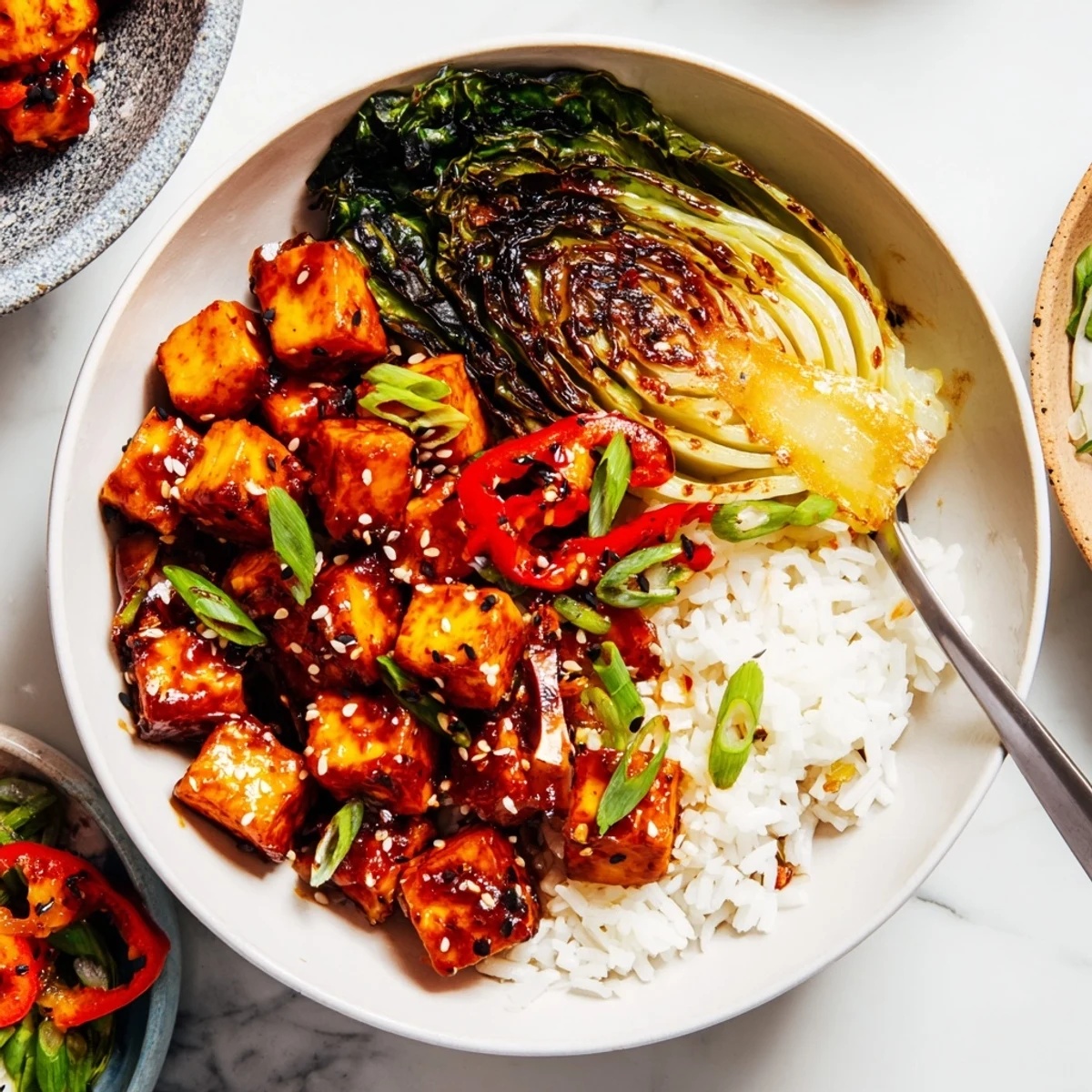 Spicy Black Pepper Tofu Veggie Bowl with Charred Cabbage, smoky wedges and toasted sesame