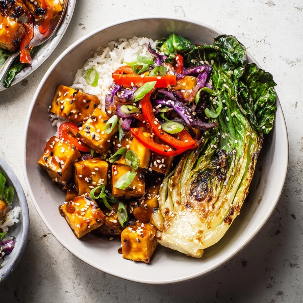 Spicy Black Pepper Tofu Veggie Bowl with Charred Cabbage finished with scallions and chili