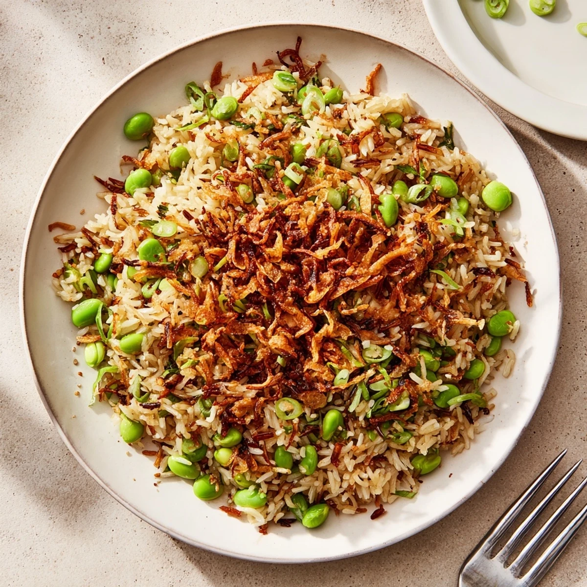 Garlic Scallion Edamame Rice Dish with Crispy Onions, warm and aromatic, crunchy topping