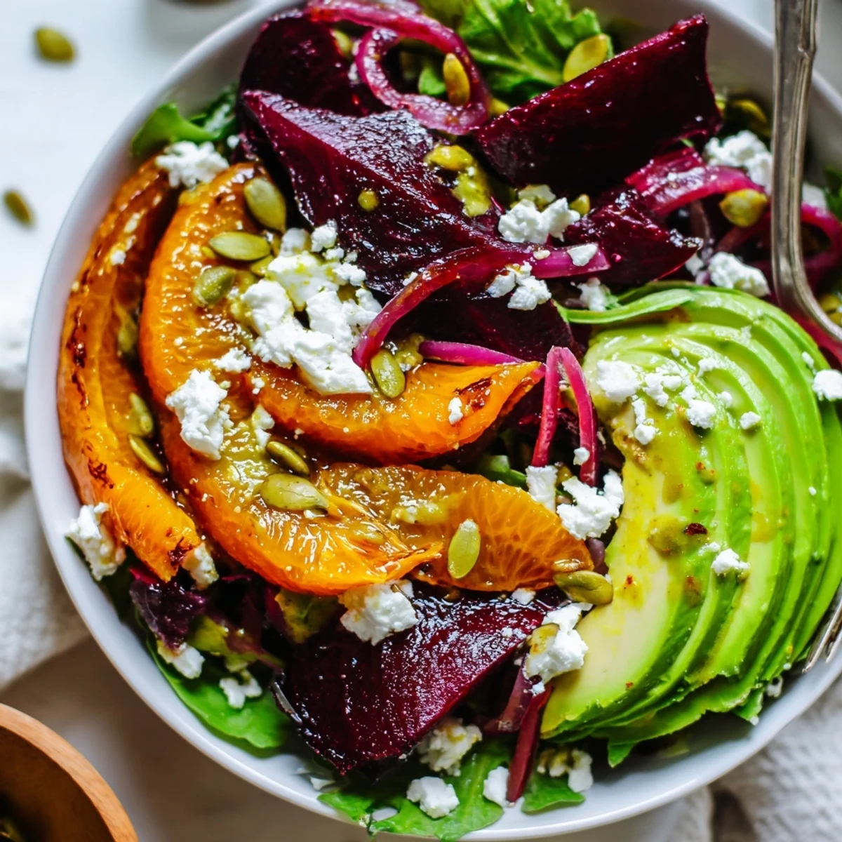 Bright Creamy Avocado Beet Salad Bowl with Citrus Dressing, roasted beet wedges