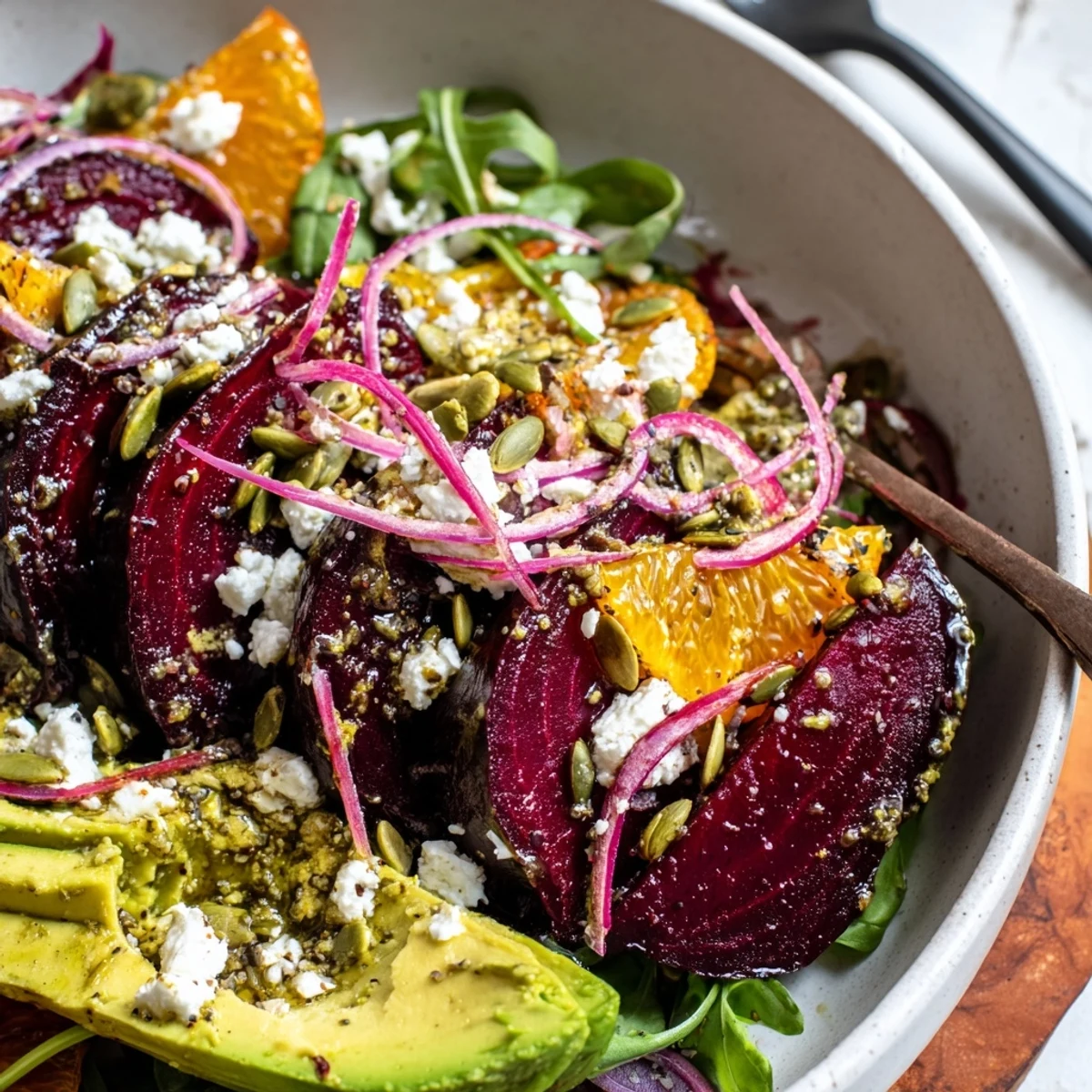 A vibrant Creamy Avocado Beet Salad Bowl with Citrus Dressing, sprinkled pepitas and feta