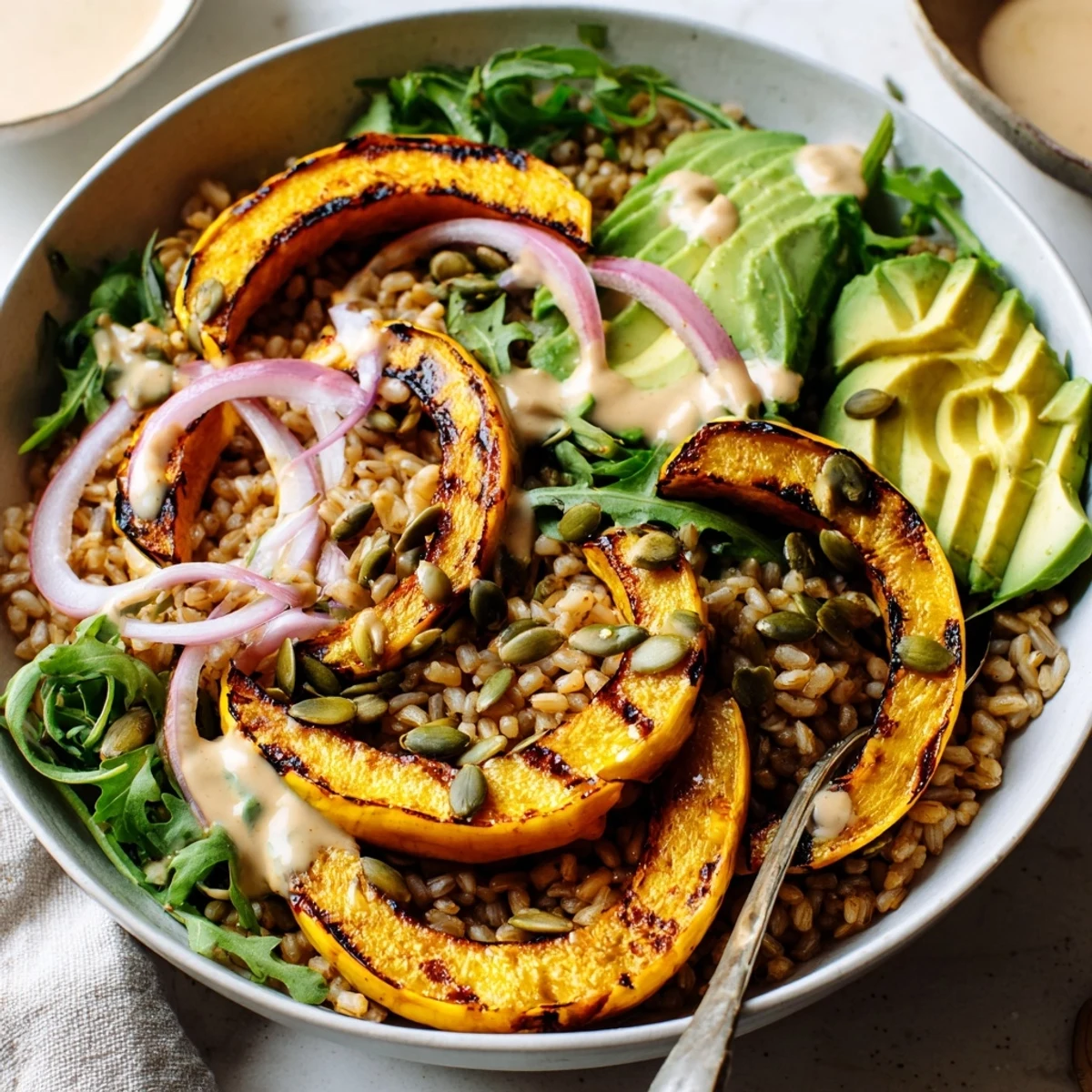 Warm Roasted Delicata Squash Farro Grain Bowl with Miso Tahini, drizzled with lemon