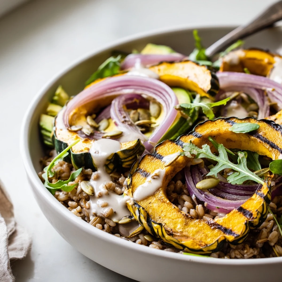Roasted Delicata Squash Farro Grain Bowl with Miso Tahini, caramelized squash and crunchy pepitas