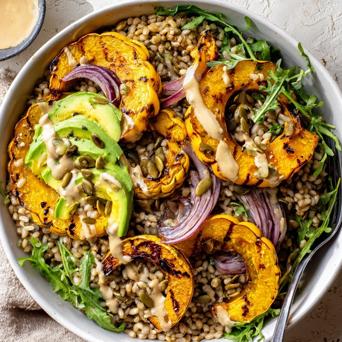Savory, tangy Roasted Delicata Squash Farro Grain Bowl with Miso Tahini, ready to eat