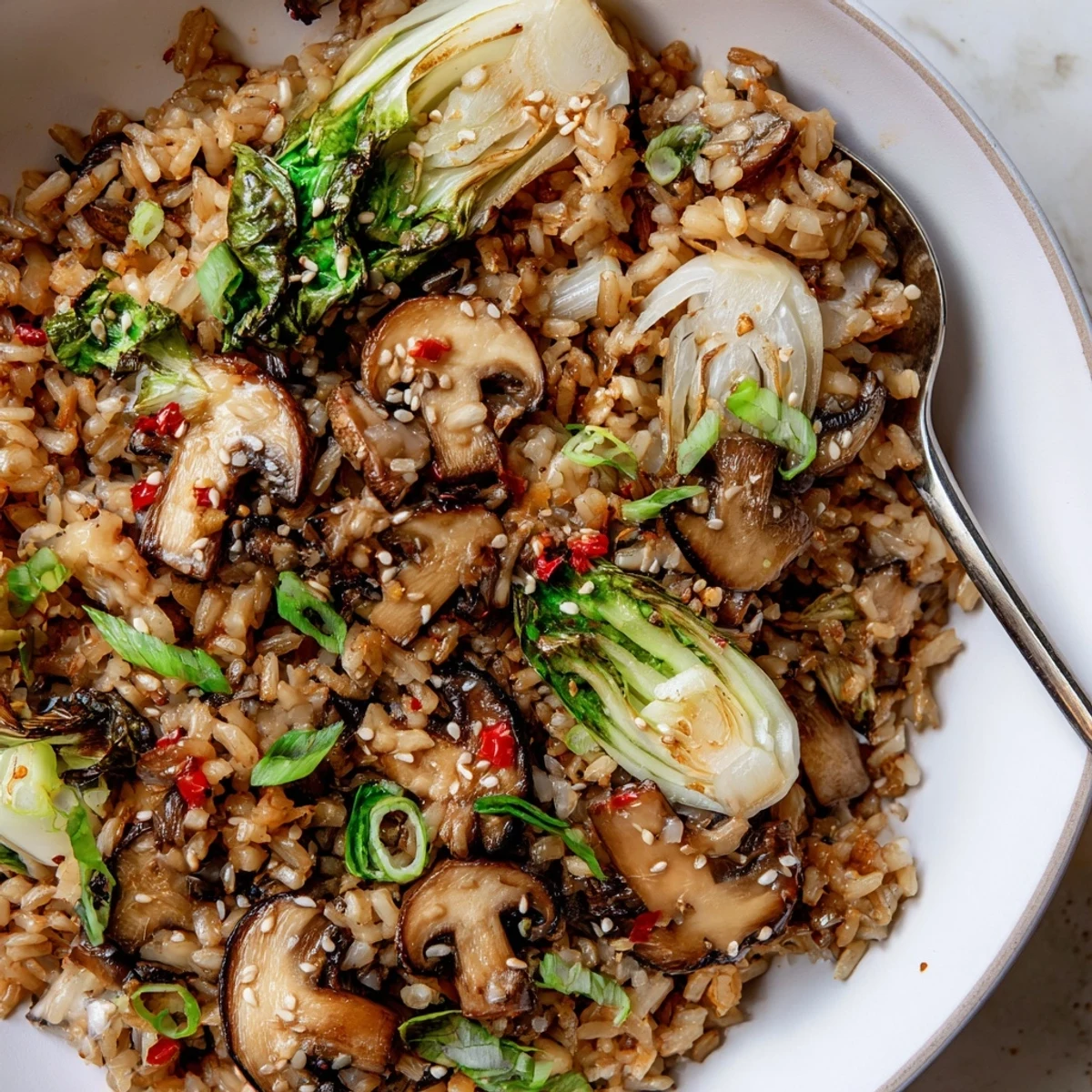Savory Chili Garlic Mushroom Rice with Bok Choy, sesame seeds and lime