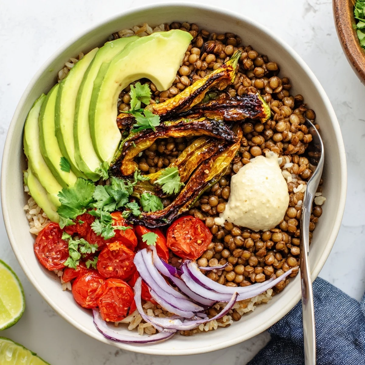 Smoky Chipotle Lentil Vegan Bowl with Roasted Poblano, creamy avocado and lime