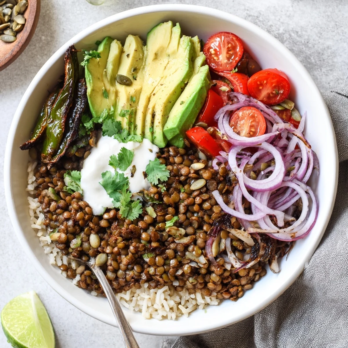 Brown rice bowl crowned by Smoky Chipotle Lentil Vegan Bowl with Roasted Poblano