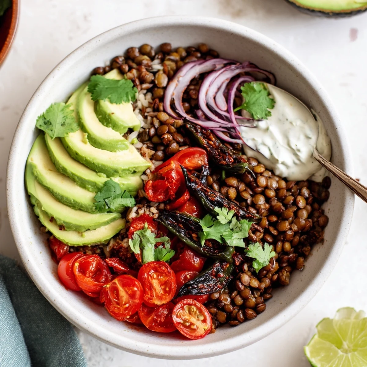 Charred poblano strips, pepitas, cilantro garnish Smoky Chipotle Lentil Vegan Bowl with Roasted Poblano