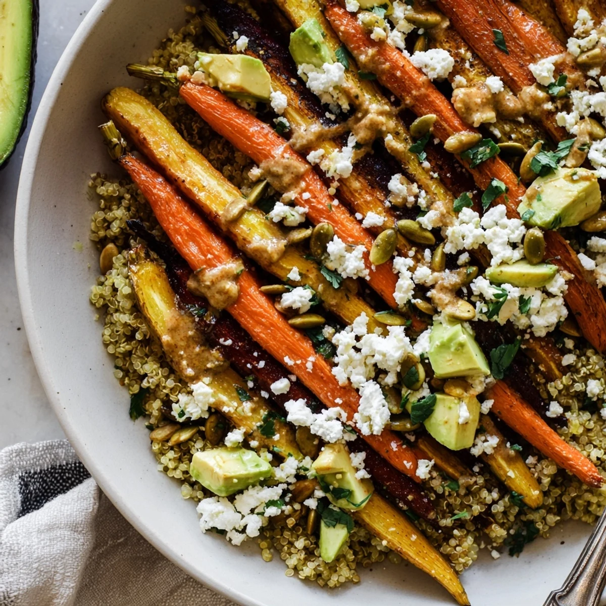 Roasted Rainbow Carrot Quinoa Grain Bowl with Honey Lemon Tahini, warm and vibrant