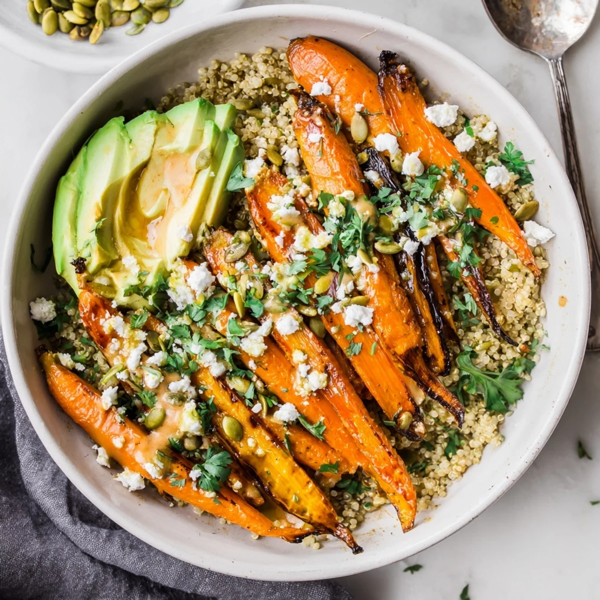 Roasted Rainbow Carrot Quinoa Grain Bowl with Honey Lemon Tahini, creamy dressing and pepitas