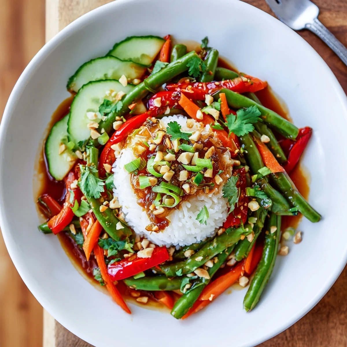 Bright Spicy Chili Crisp Green Bean Veggie Bowl with Garlic topped with cilantro  