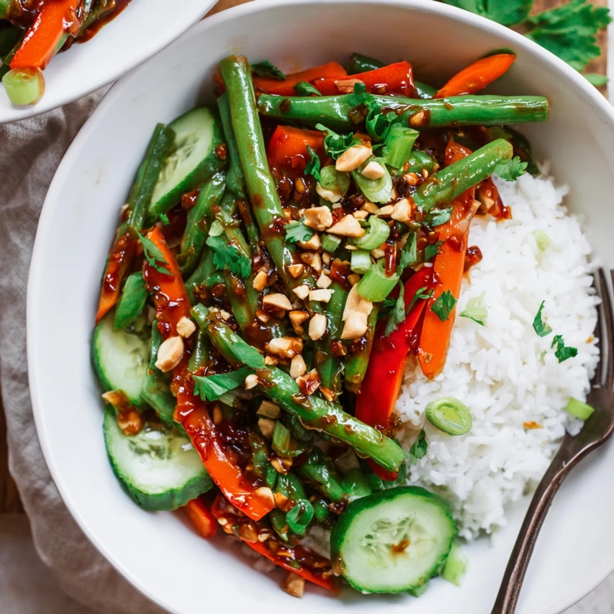 Spicy Chili Crisp Green Bean Veggie Bowl with Garlic crunchy green beans, toasted sesame