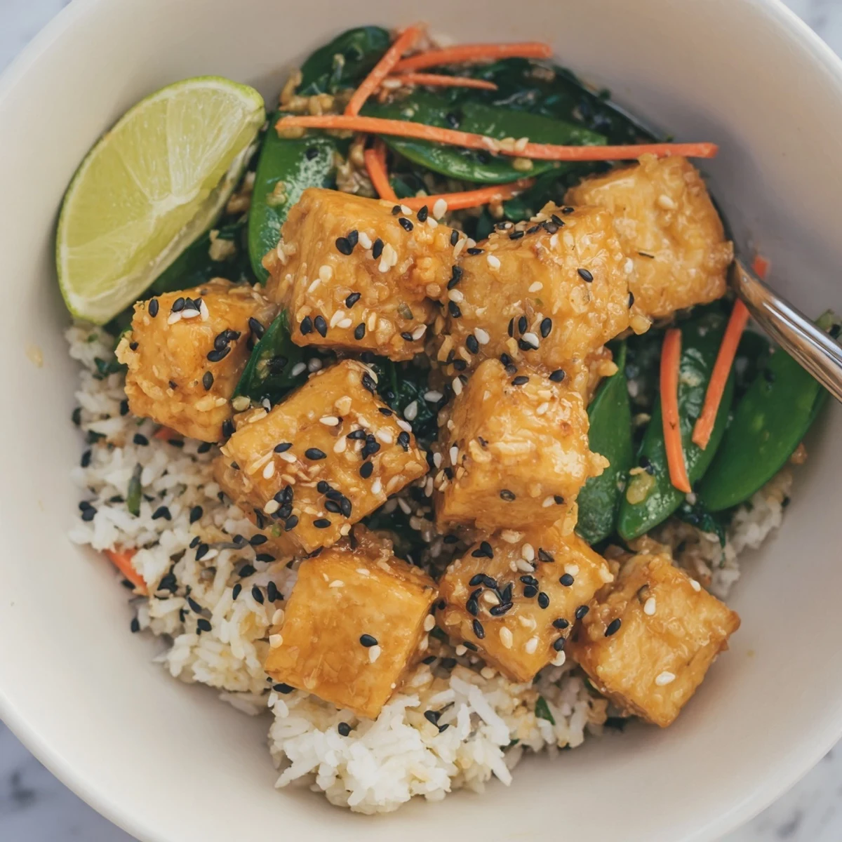 Sticky Maple Miso Tofu Vegan Bowl with glossy glaze over fluffy jasmine rice