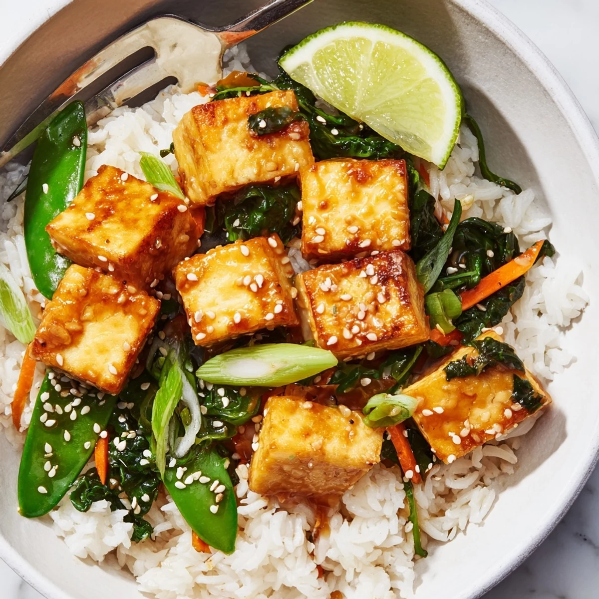 Sticky Maple Miso Tofu Vegan Bowl served warm, garnished with lime wedges