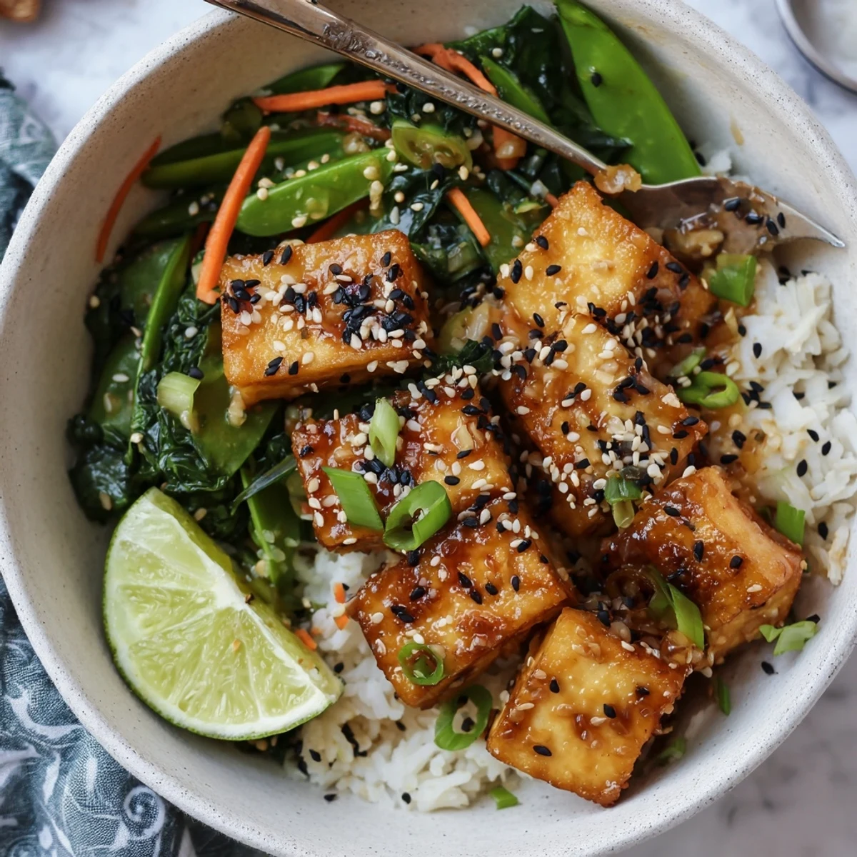 Hearty Sticky Maple Miso Tofu Vegan Bowl topped with crisp sesame greens