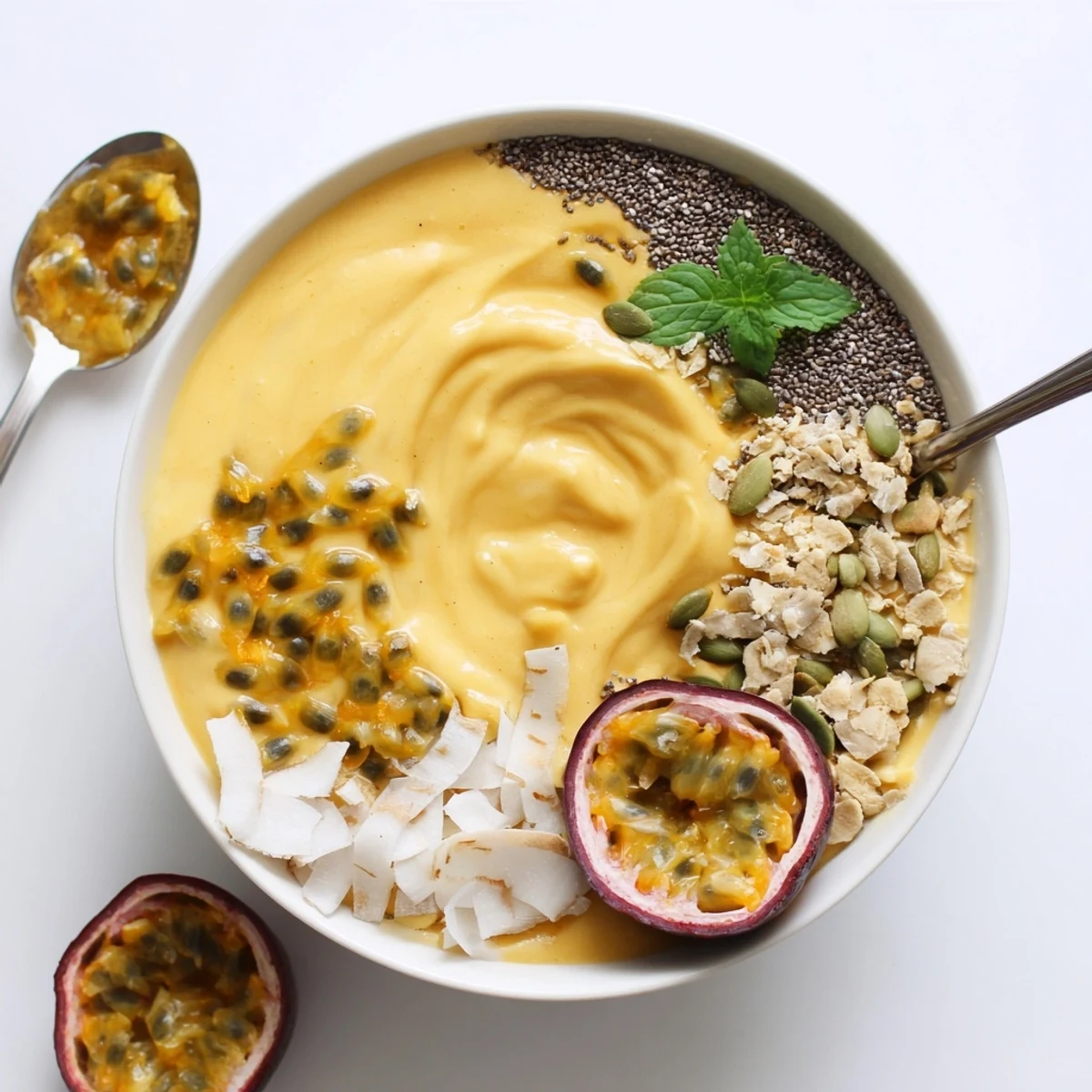 Passionfruit Mango Coconut Smoothie Bowl with Chia Crunch, creamy tropical bowl topped with mint