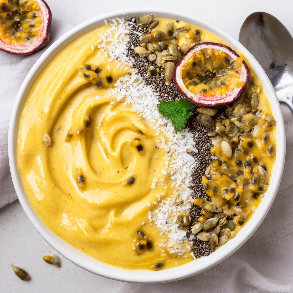 Bright Passionfruit Mango Coconut Smoothie Bowl with Chia Crunch garnished with diced mango
