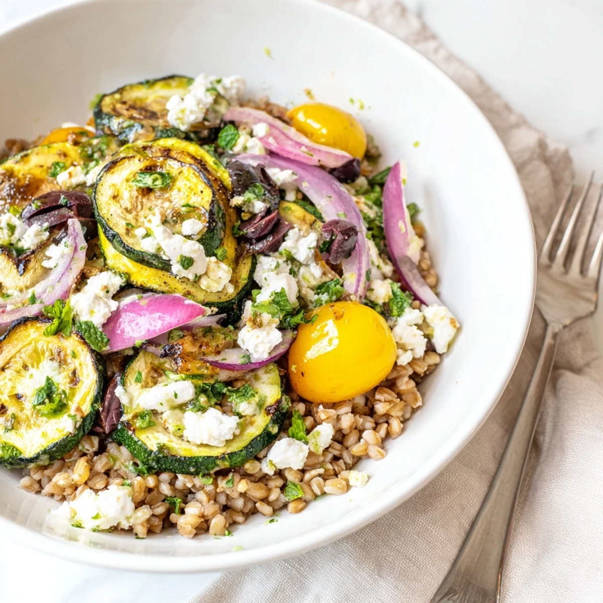 Mediterranean Roasted Zucchini Farro Grain Bowl with Feta, nutty farro and lemon-herb dressing