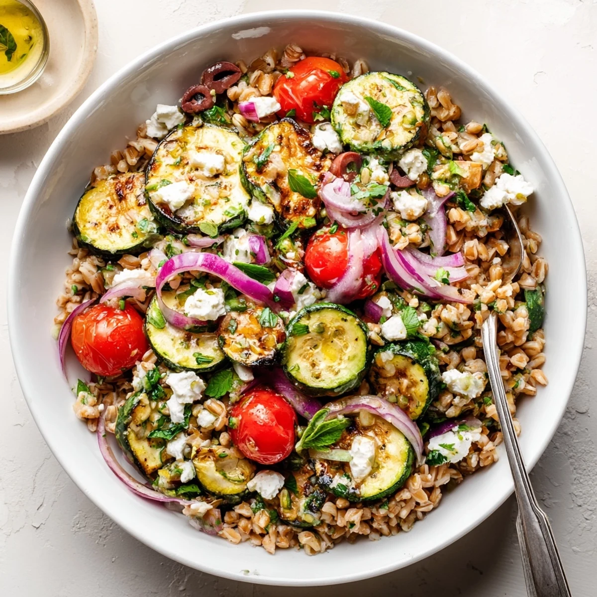 Nutty farro and roasted zucchini in Mediterranean Roasted Zucchini Farro Grain Bowl with Feta
