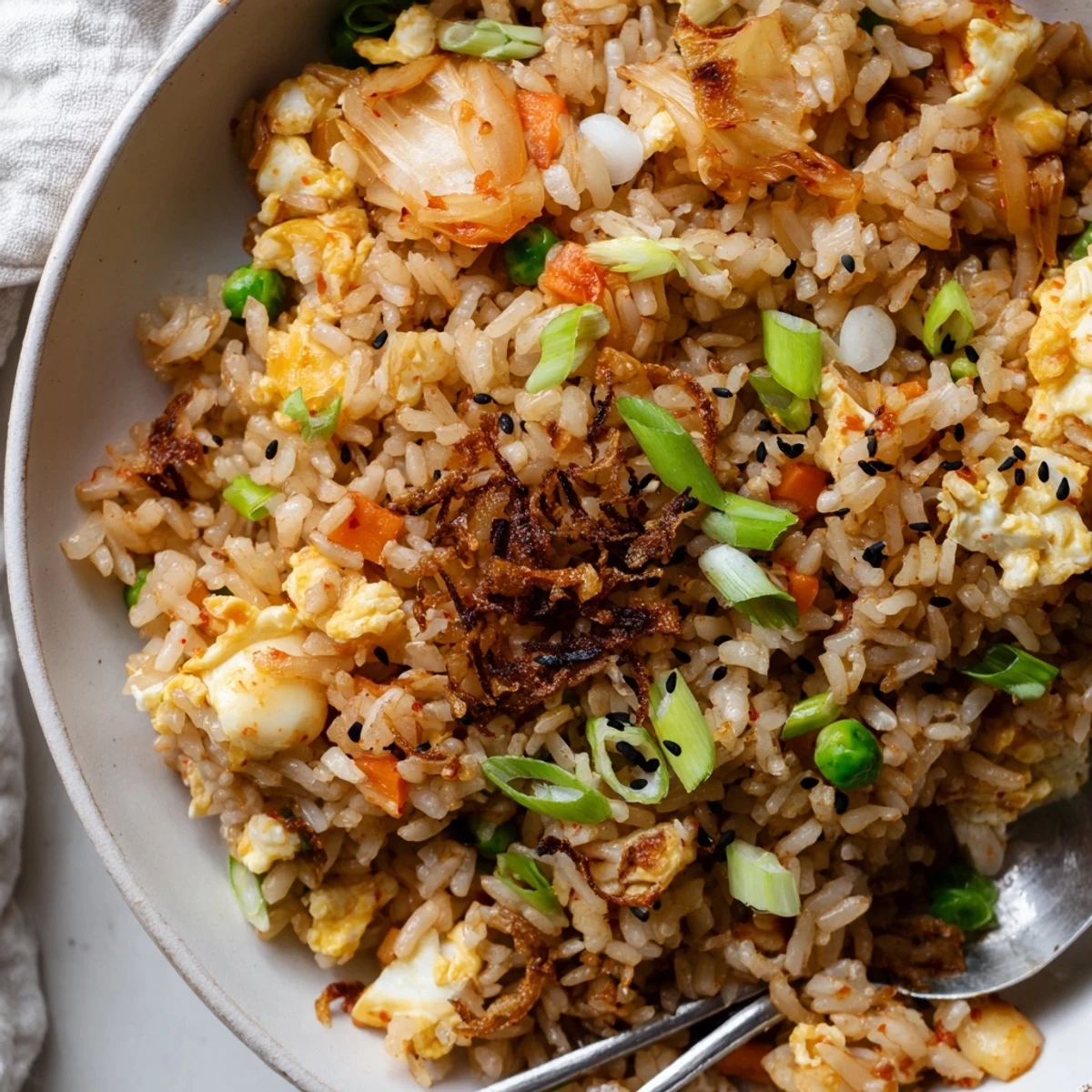 Kimchi Scallion Garlic Fried Rice with Crispy Shallots steaming in a bowl, tangy aroma