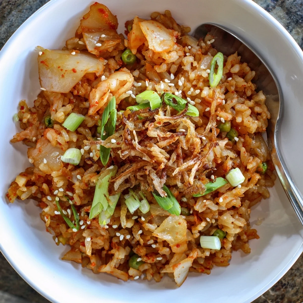 Kimchi Scallion Garlic Fried Rice with Crispy Shallots sprinkled with sesame, bright spicy notes