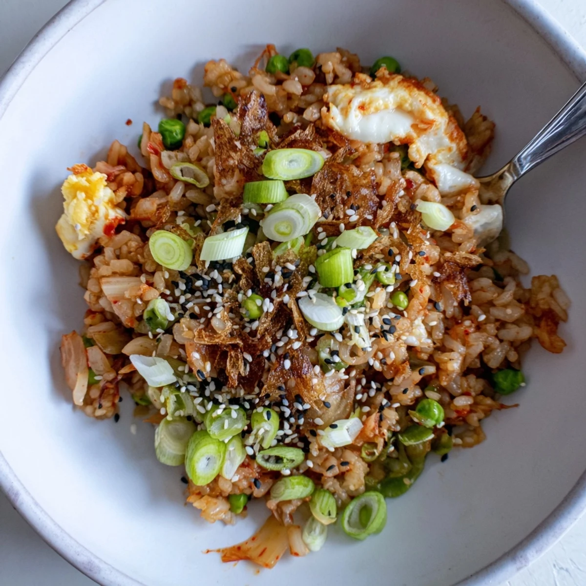Kimchi Scallion Garlic Fried Rice with Crispy Shallots skillet-fried with egg ribbons, savory crunch
