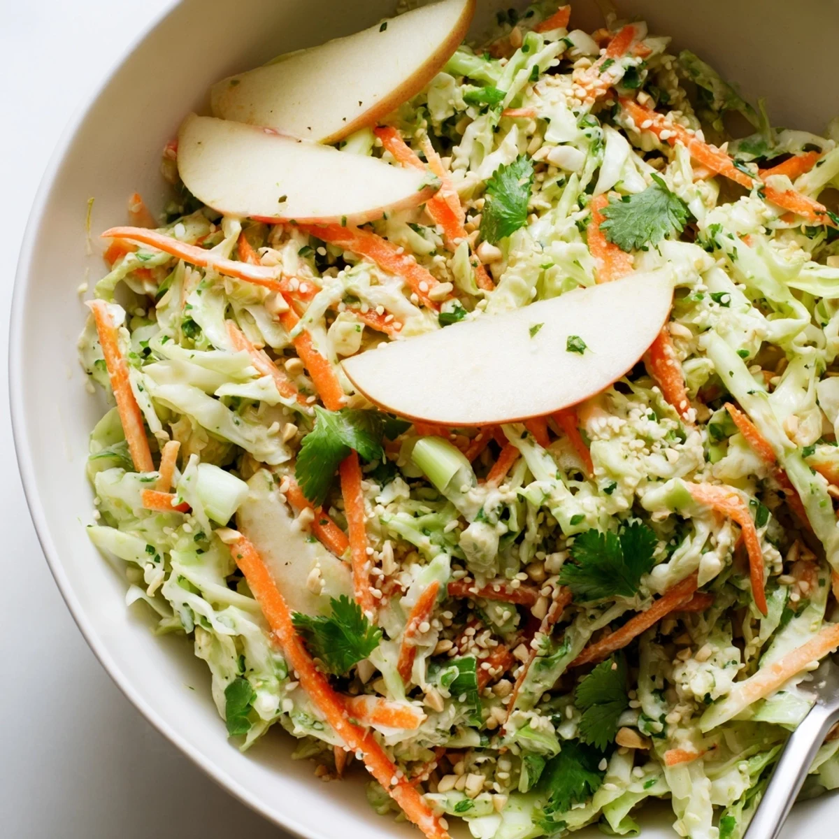 Vibrant slaw with toasted seeds — Shaved Cabbage Apple Carrot Salad Bowl with Sesame Dressing