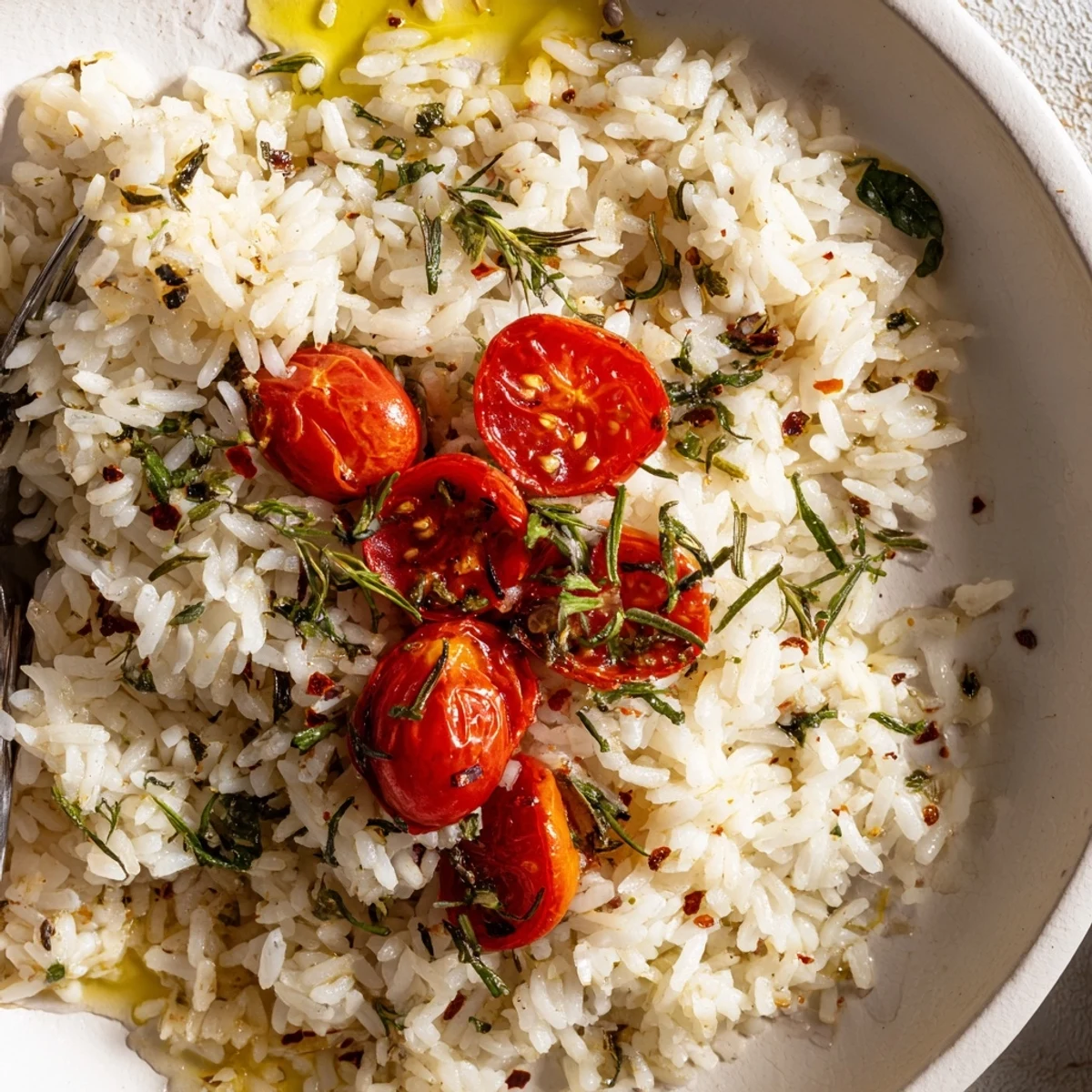 Garlic Herb Jasmine Rice with Roasted Tomatoes, fragrant, lemon zested and steaming