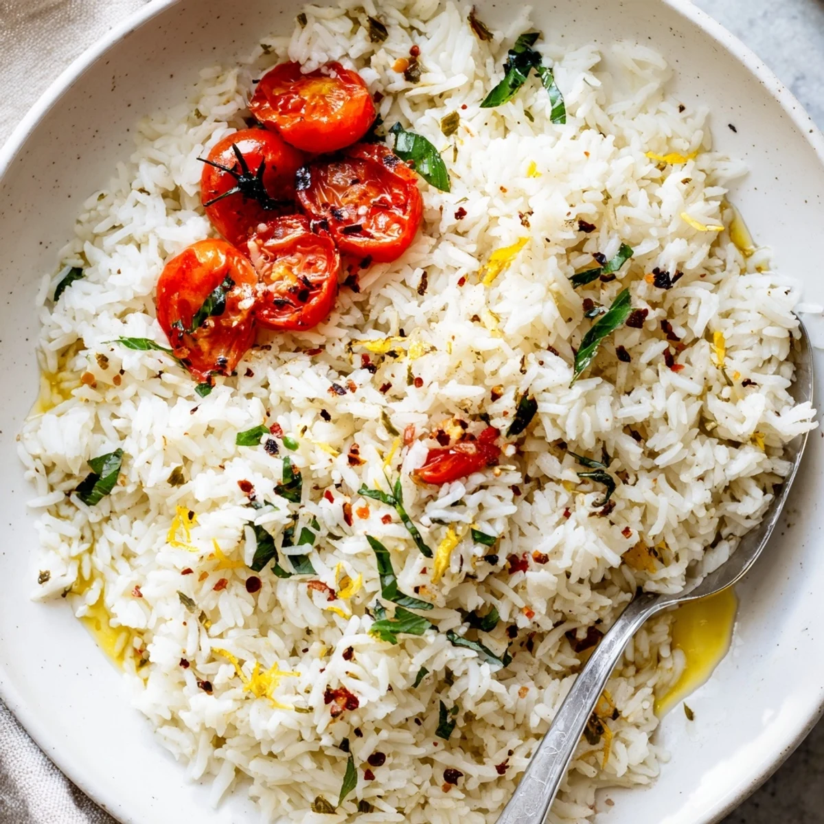 Garlic Herb Jasmine Rice with Roasted Tomatoes served as vibrant vegetarian side with basil