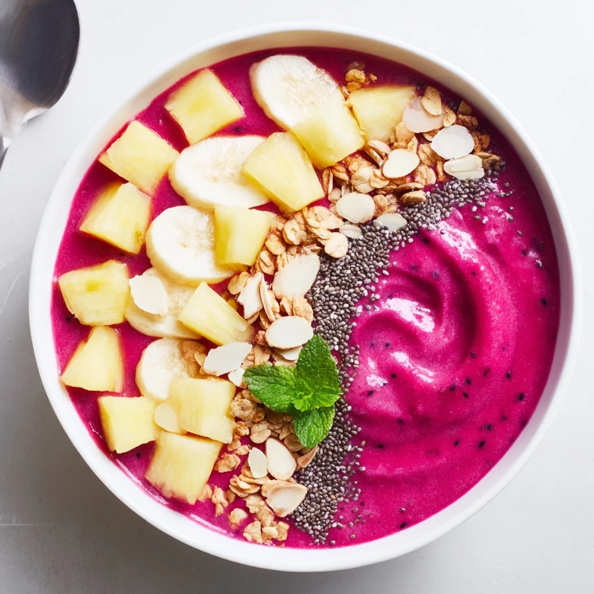 Dragon Fruit Pineapple Coconut Smoothie Bowl with Almond Crunch, vibrant magenta served cold.