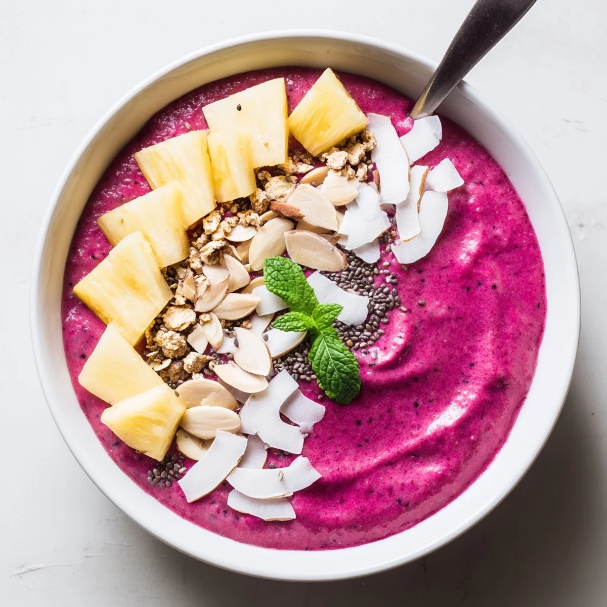 Dragon Fruit Pineapple Coconut Smoothie Bowl with Almond Crunch creamy bowl topped with almonds.