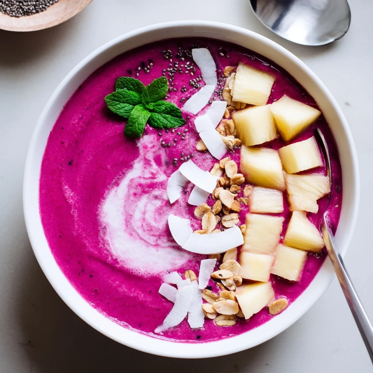 Chilled Dragon Fruit Pineapple Coconut Smoothie Bowl with Almond Crunch garnished with mint.