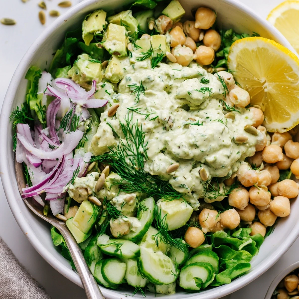Creamy Avocado Dill Chickpea Salad Bowl with Cucumber, tossed in tangy lemon-dill dressing  