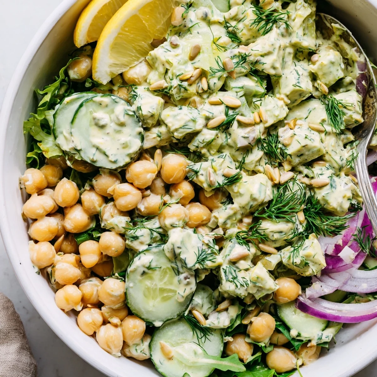Creamy Avocado Dill Chickpea Salad Bowl with Cucumber, silky avocado and crunchy cucumber