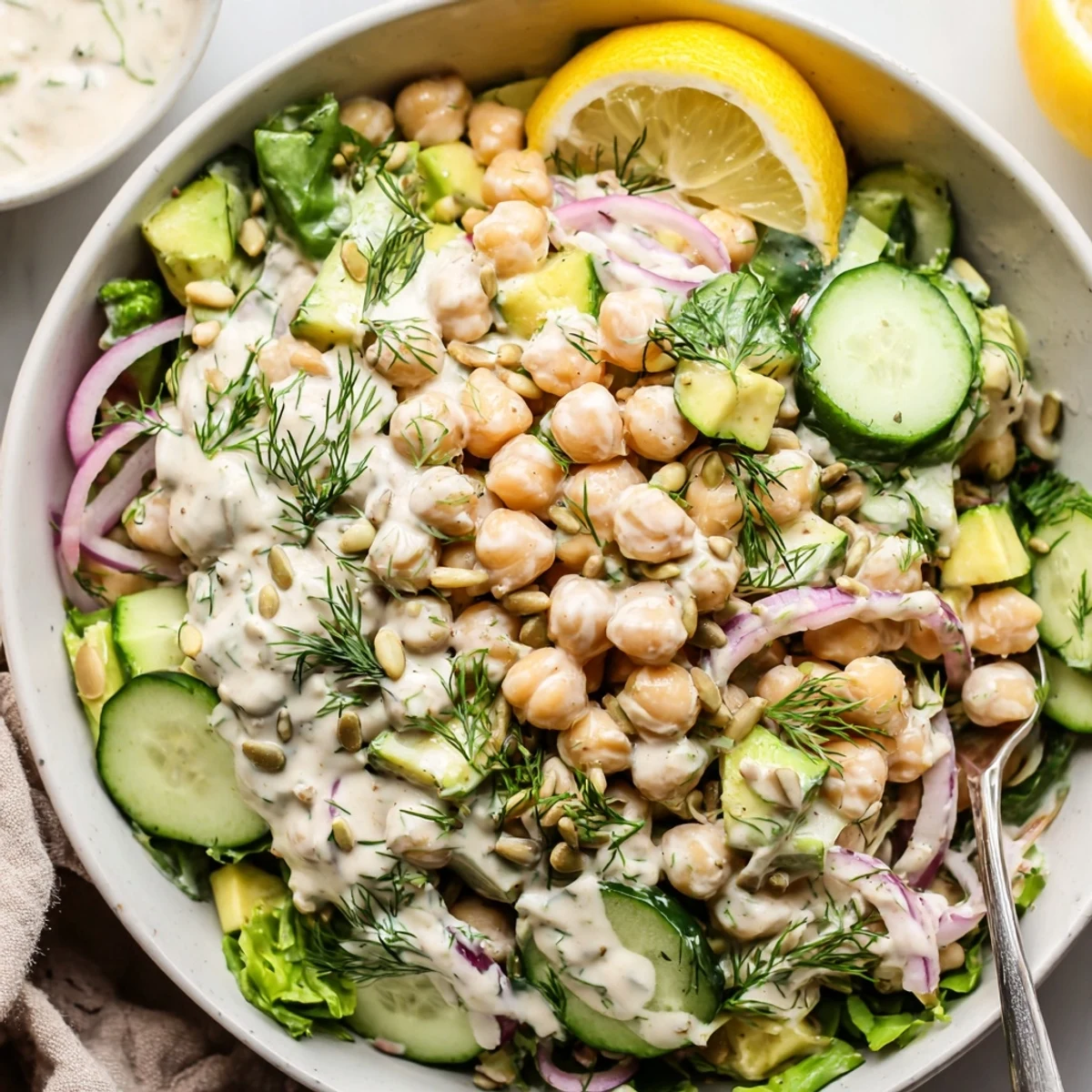 Creamy Avocado Dill Chickpea Salad Bowl with Cucumber, served over peppery mixed greens  