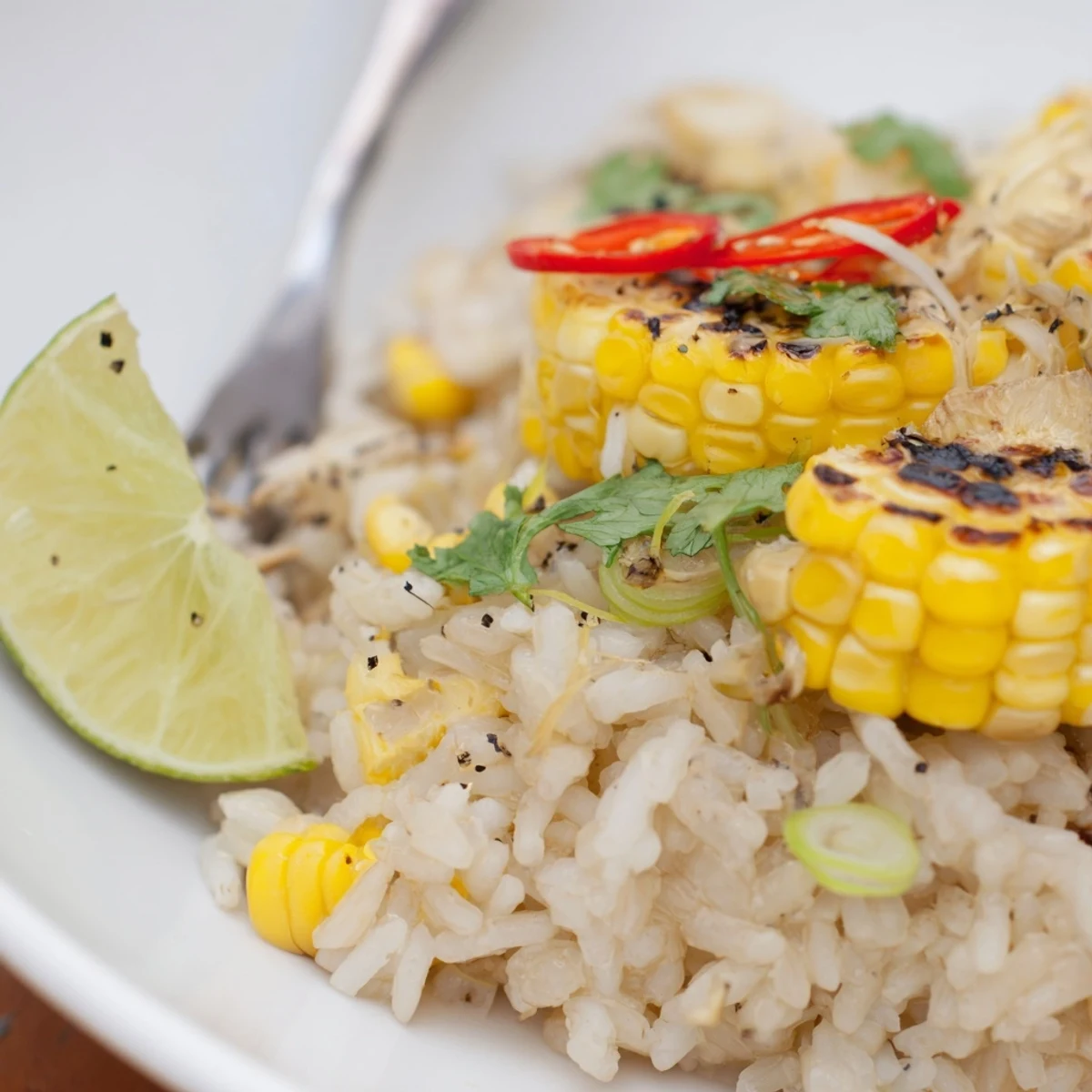 Coconut Lime Brown Rice Dish with Charred Corn, creamy coconut and smoky kernels.