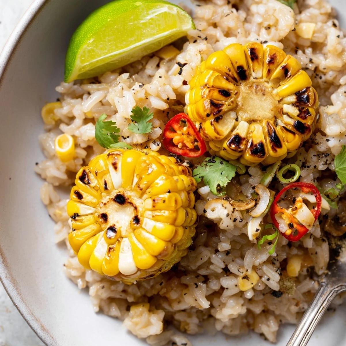 Steaming, nutty Coconut Lime Brown Rice Dish with Charred Corn garnished with cilantro.