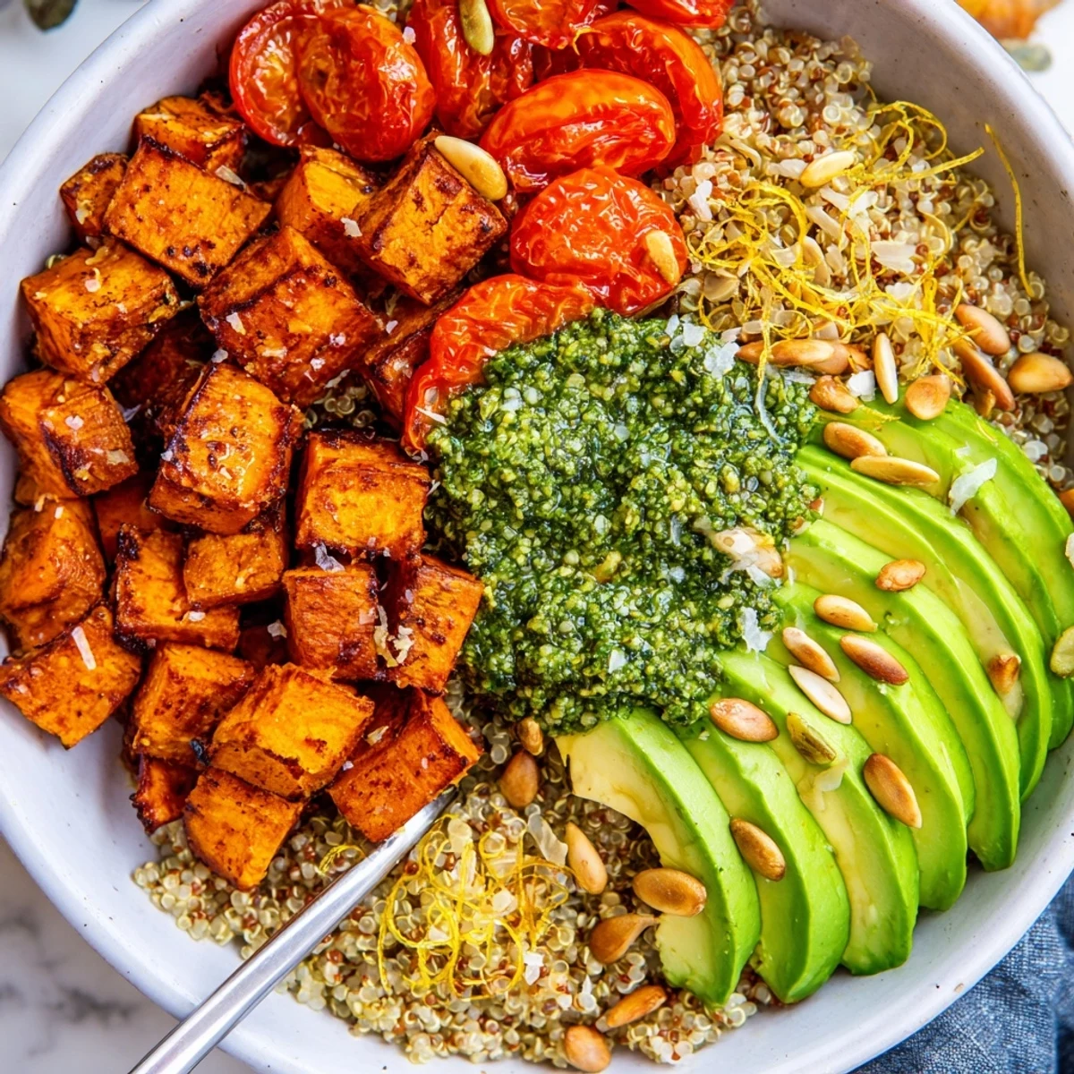 Roasted Sweet Potato Pesto Quinoa Grain Bowl with Lemon Zest, vibrant and warm.