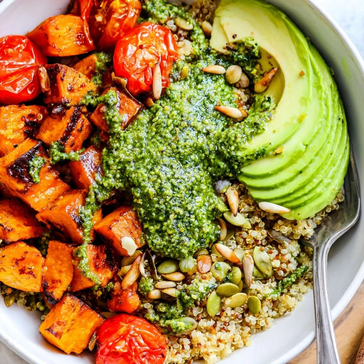Topped with avocado: Roasted Sweet Potato Pesto Quinoa Grain Bowl with Lemon Zest.