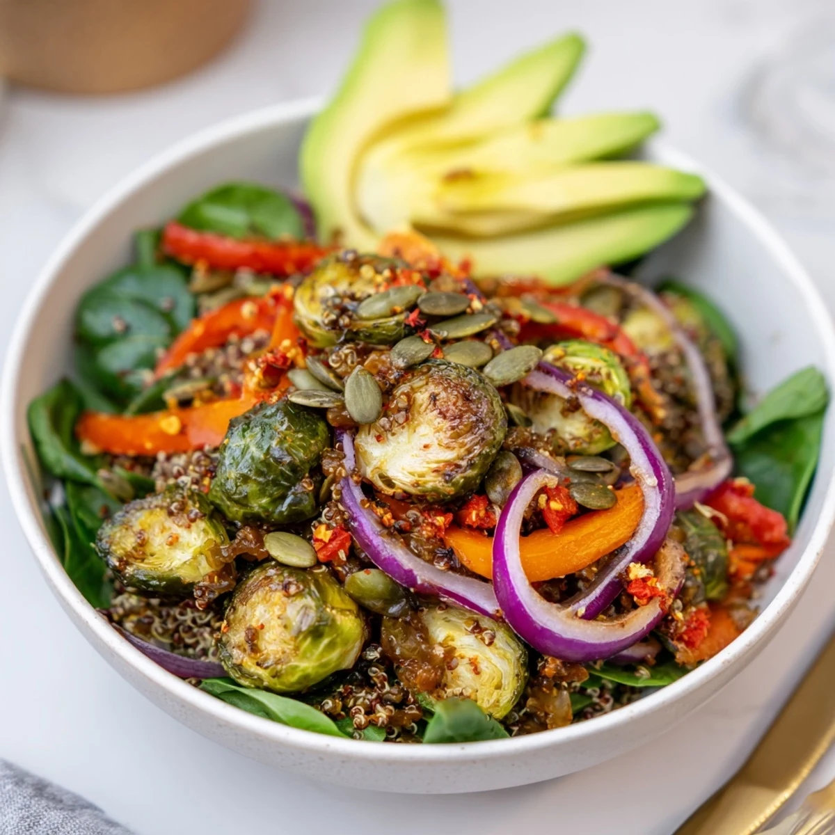 Spicy Garlic Roasted Brussels Sprout Veggie Bowl with Chili Flakes, crispy sprouts and avocado
