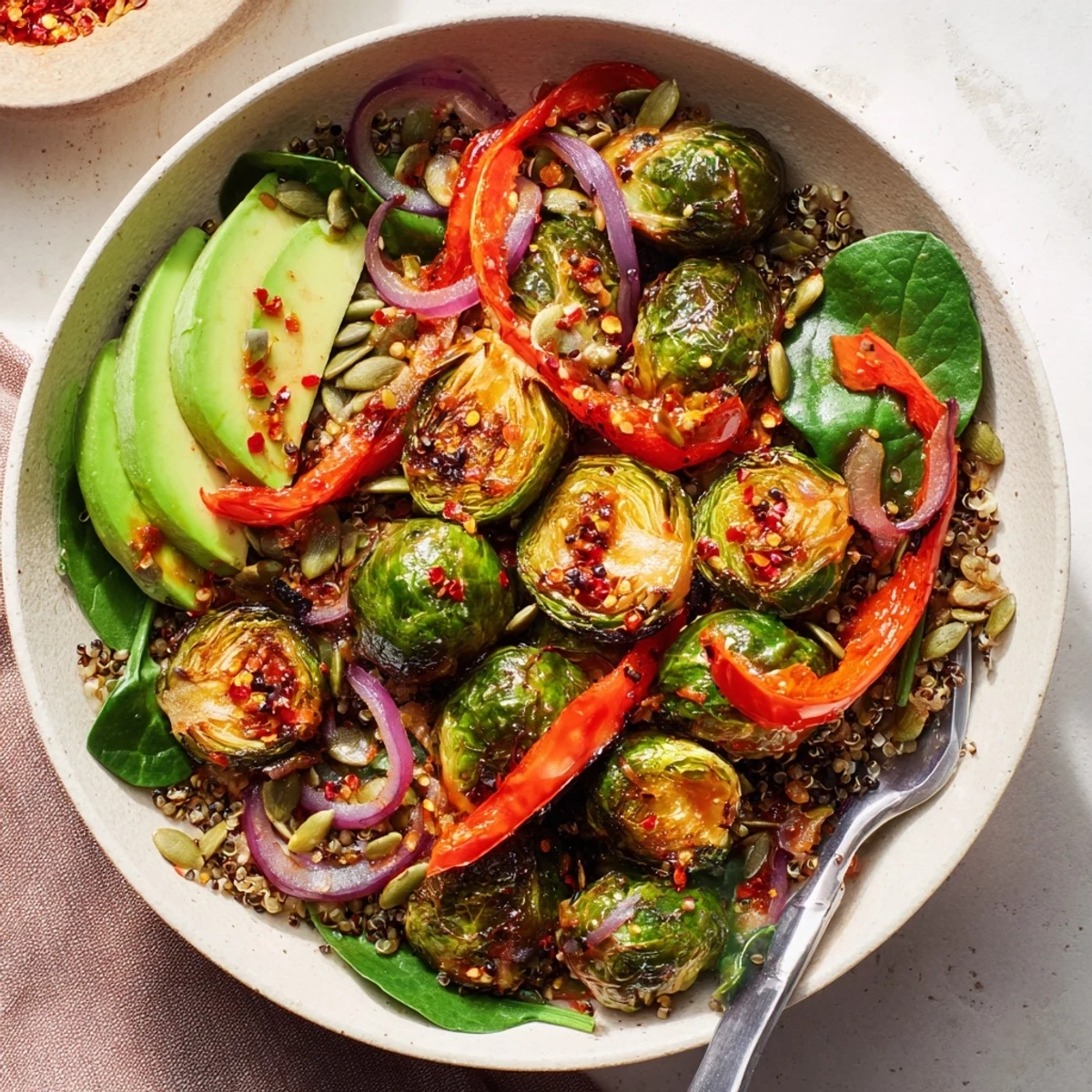 Spicy Garlic Roasted Brussels Sprout Veggie Bowl with Chili Flakes, toasted pumpkin seeds and charred edges