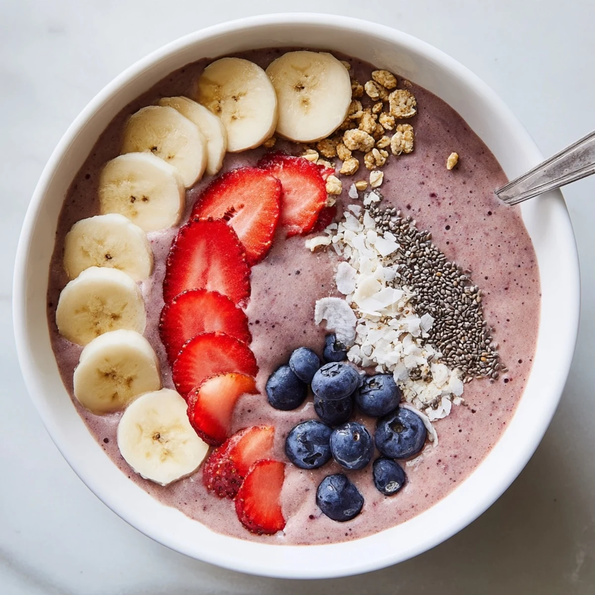 Creamy Strawberry Blueberry Banana Smoothie Bowl with Coconut Flakes, topped with sliced fruit.