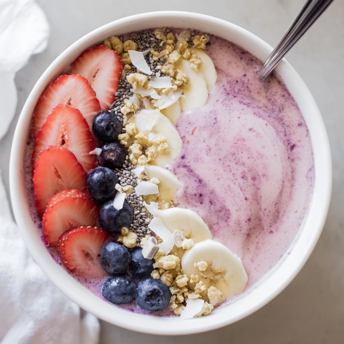 Strawberry Blueberry Banana Smoothie Bowl with Coconut Flakes, layered with granola and ripe banana.