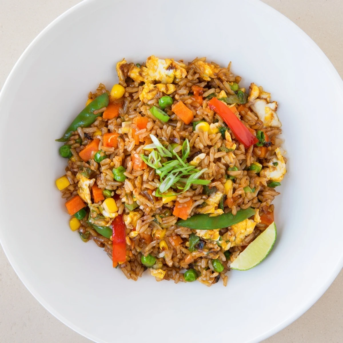 Bright Chili Lime Vegetable Fried Rice with Scallions, crisp veggies and lime.