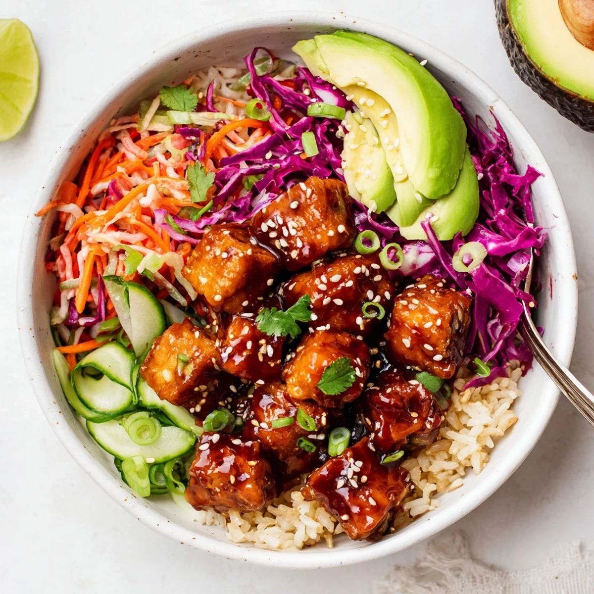 Sticky Ginger Soy Tempeh Vegan Bowl with Sesame Slaw, glossy tempeh over rice
