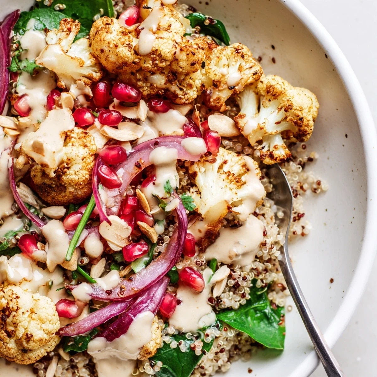 Roasted Cauliflower Pomegranate Quinoa Grain Bowl with Tahini Drizzle, vibrant florets and jewel seeds