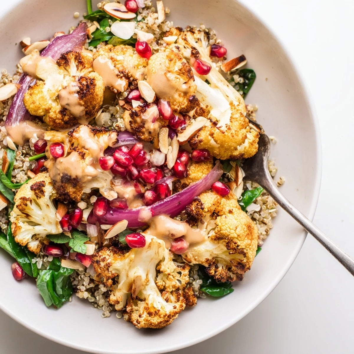 Weeknight friendly Roasted Cauliflower Pomegranate Quinoa Grain Bowl with Tahini Drizzle, lemony kick