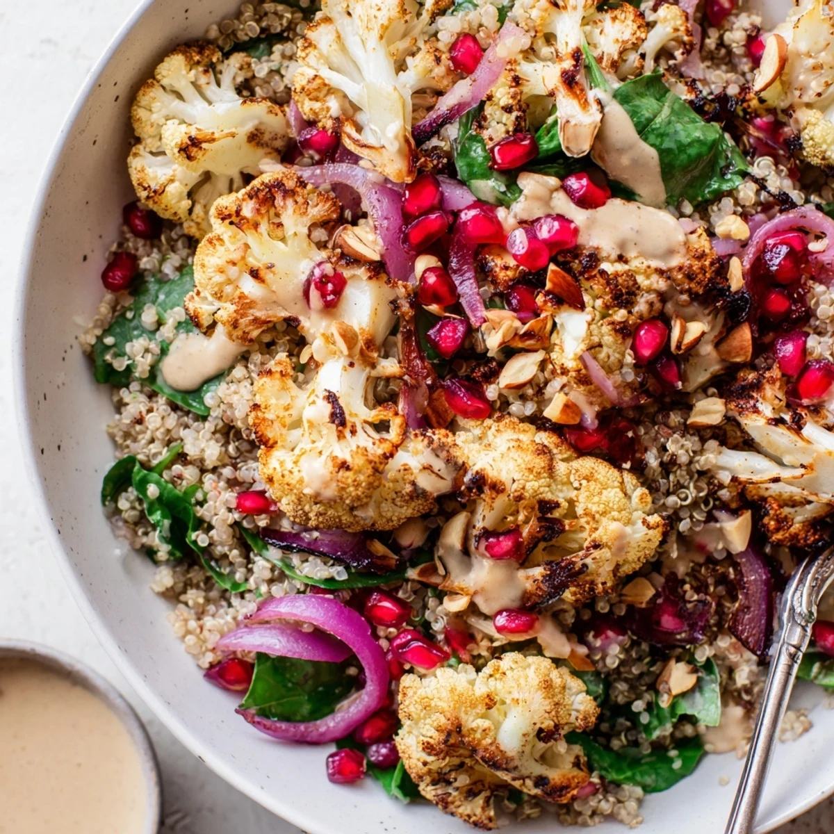 Colorful Roasted Cauliflower Pomegranate Quinoa Grain Bowl with Tahini Drizzle served warm on greens
