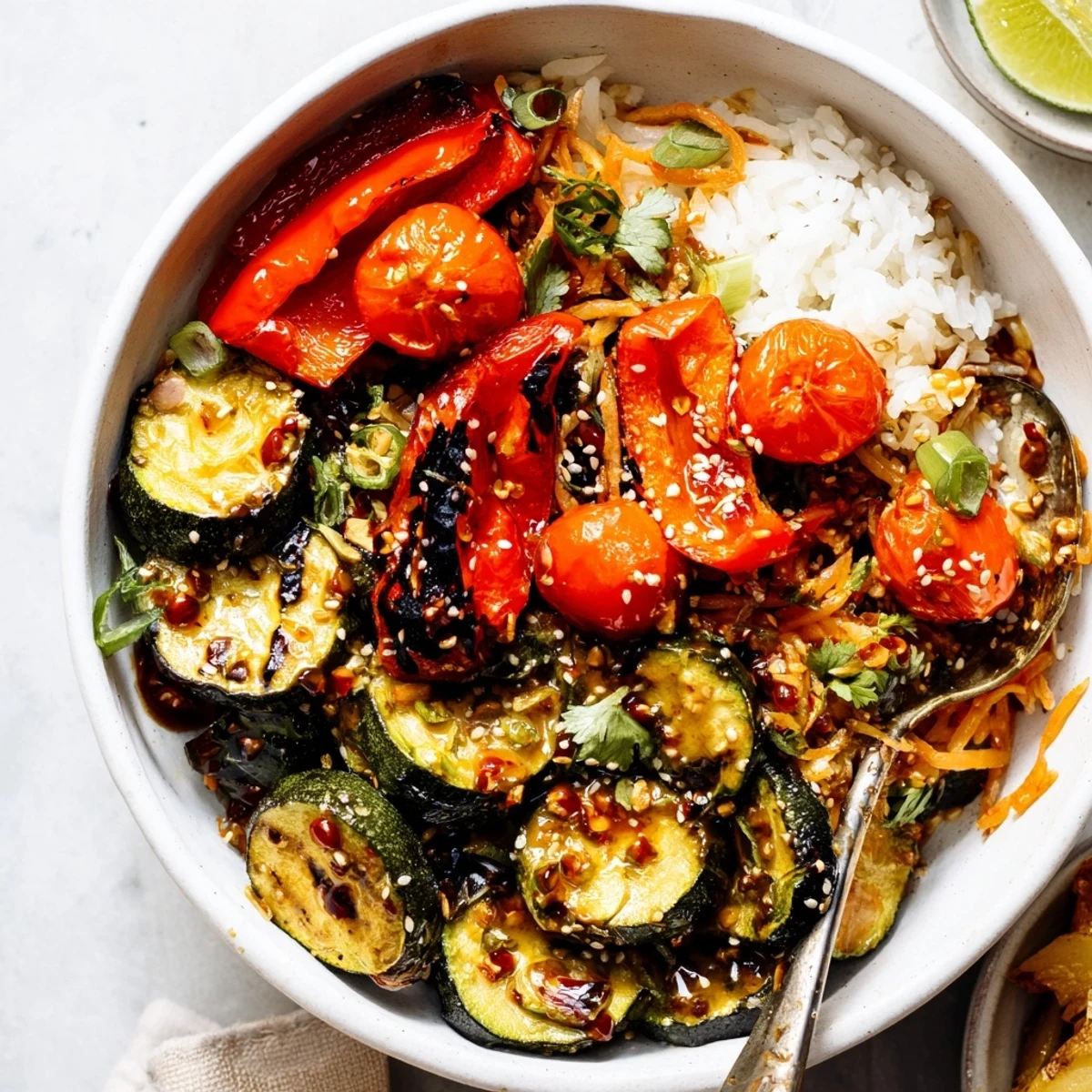 Spicy Chili Crisp Roasted Zucchini Veggie Bowl with Sesame Seeds served over fluffy rice